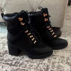 JustFab Black Lace Up Boots with Gold Details